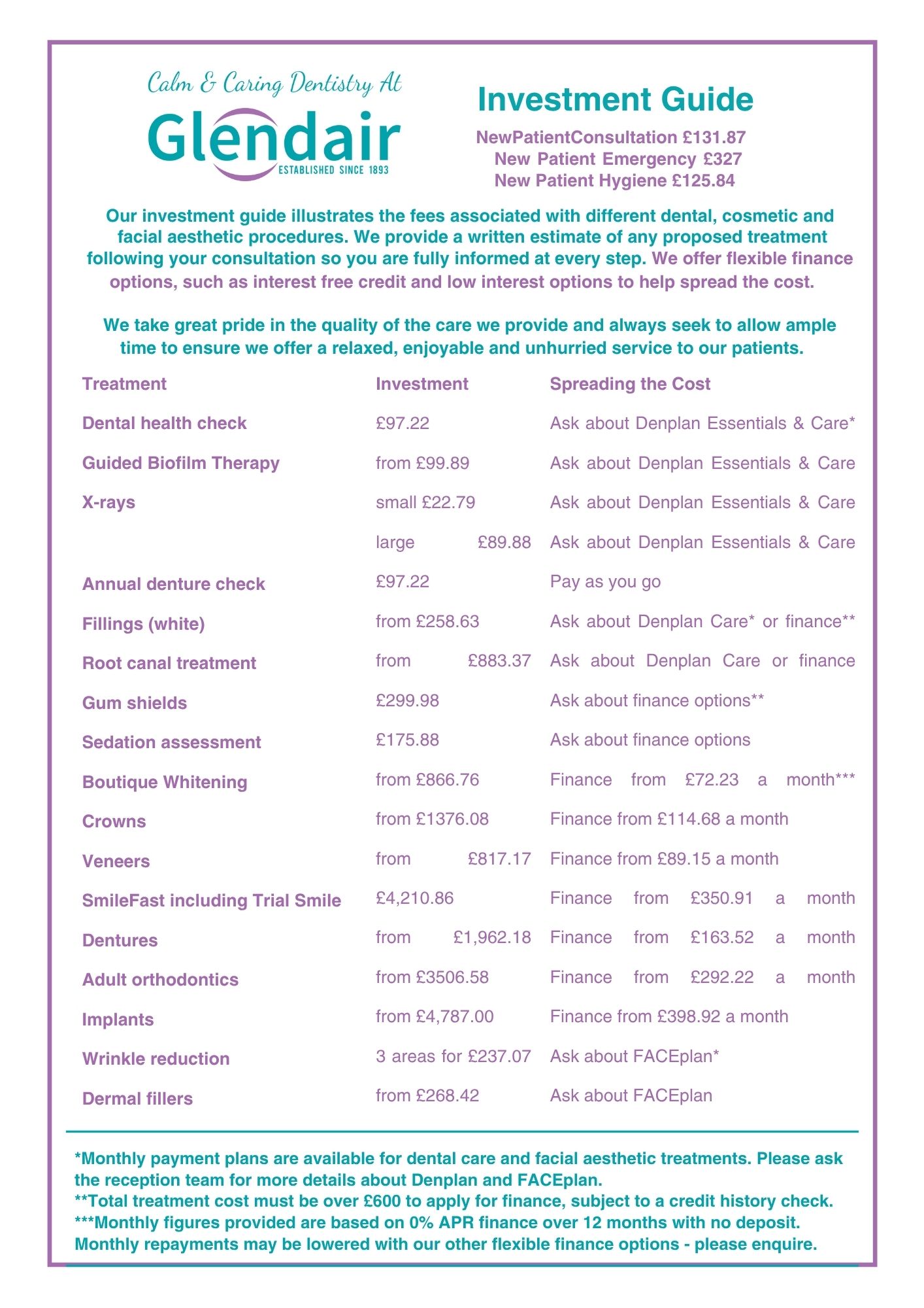 Glendair Dental Treatment prices